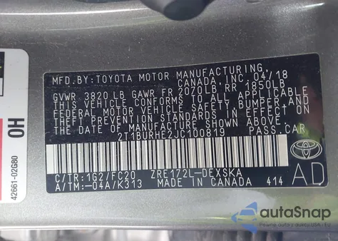 2018 Toyota Corolla Se from USA, damaged, VIN 2T1BURHE2JC100819